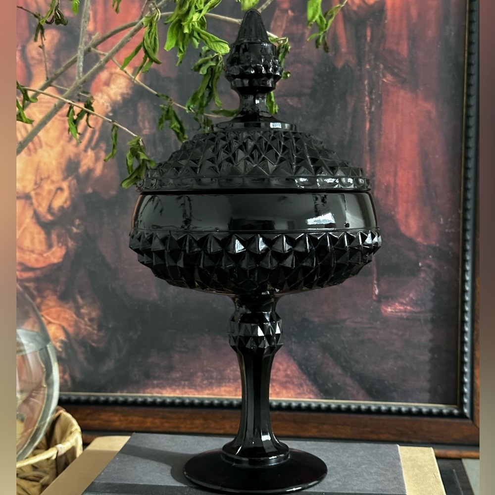 SOLD!!Vintage Black Amethyst Point Glass Pedestal